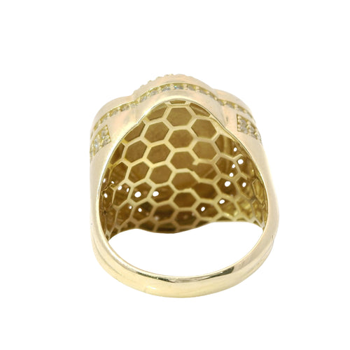 14KT Gold Women's Ring Mini Six Petal Pinwheel Flower Plain Center White CZ Stones on Petals with Triple Row White CZ Stones on Edge and Plain Band