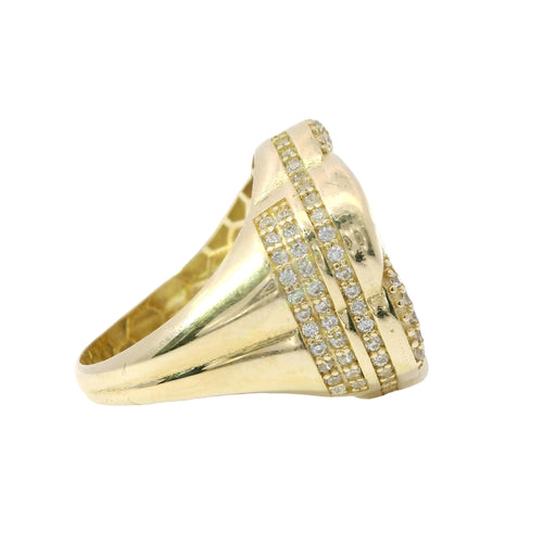 14KT Gold Women's Ring Mini Six Petal Pinwheel Flower Plain Center White CZ Stones on Petals with Triple Row White CZ Stones on Edge and Plain Band