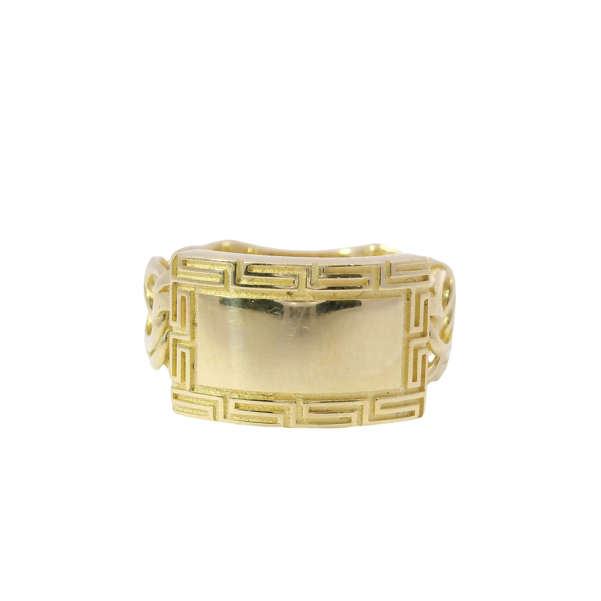 14KT Gold Ring Women's Mini Name Plate Greek Border Chino Band