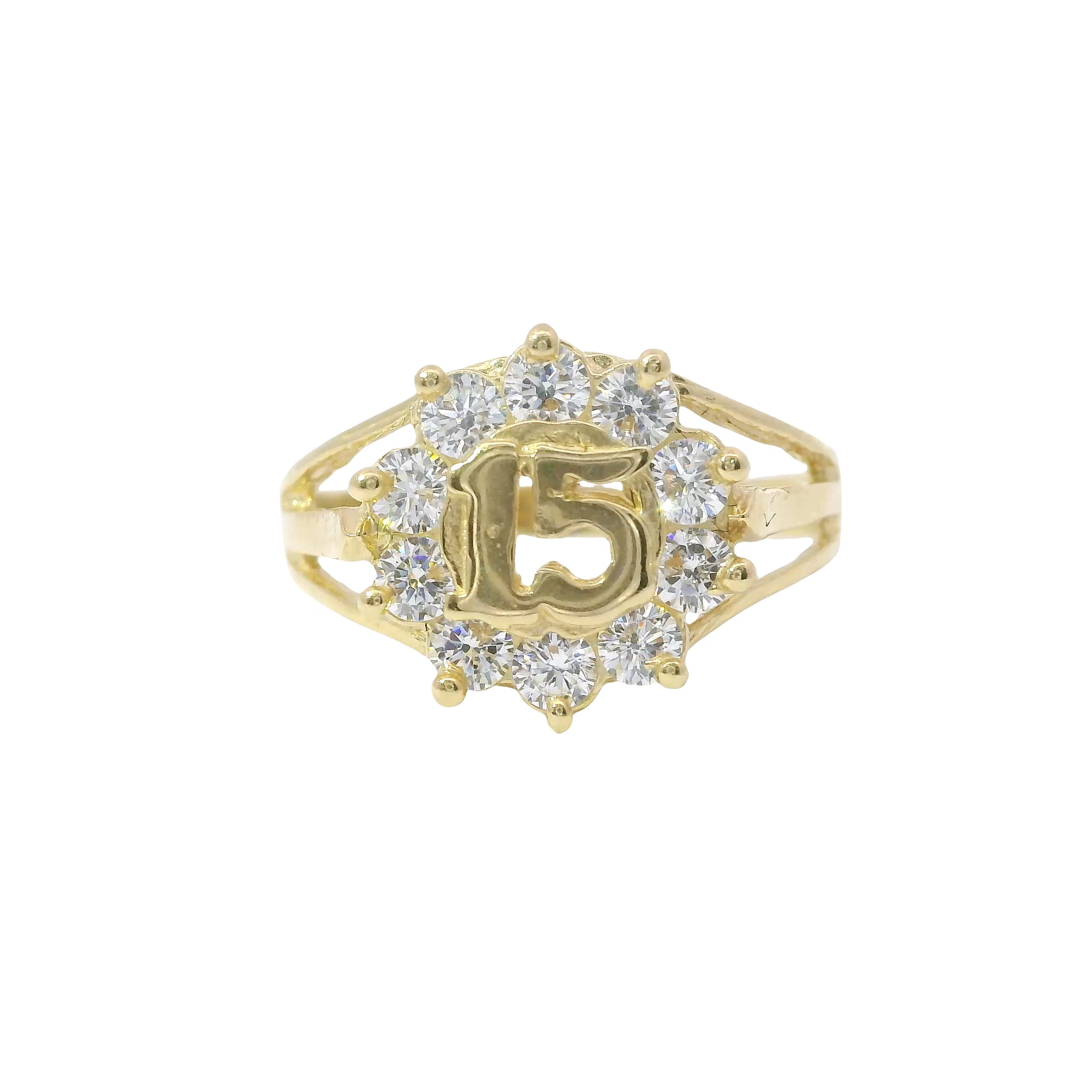 14KT Gold Ring Women's Mini Round Quincenaera "15" Center with White CZ Stone Border with Plain Double Split Band