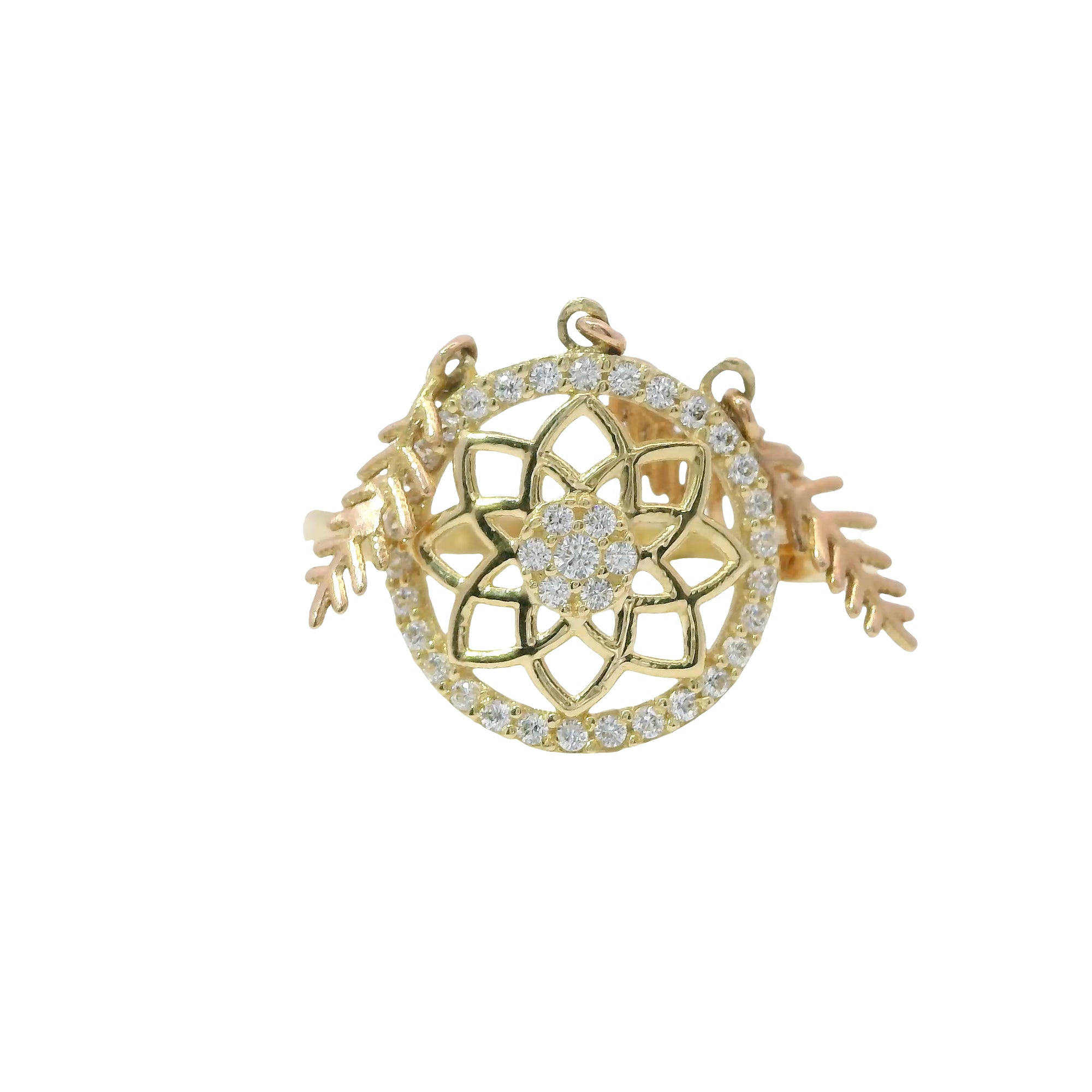 14KT Gold Ring Women's Two Tone Mini Dream Catcher with Plain Band