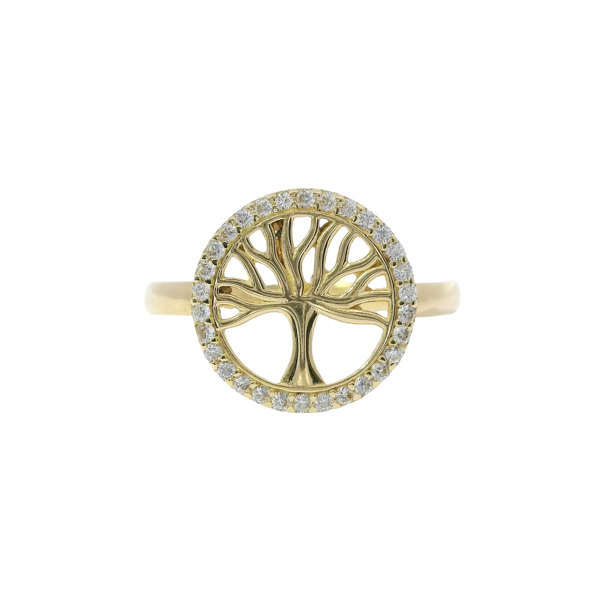 14KT Gold Ring Women's Mini Round Tree of Life White CZ Stone Border Plain Band