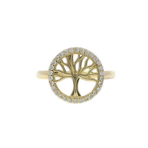 14KT Gold Ring Women's Mini Round Tree of Life White CZ Stone Border Plain Band