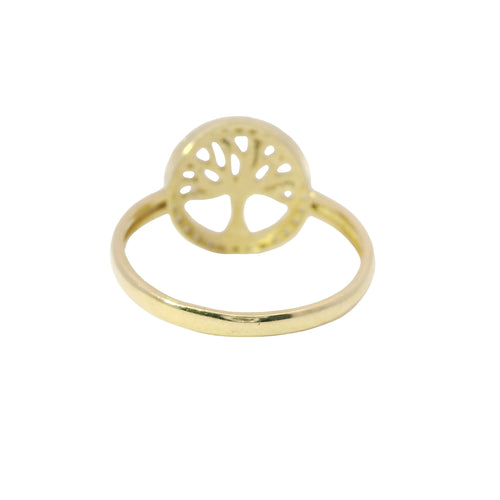 14KT Gold Ring Women's Mini Round Tree of Life White CZ Stone Border Plain Band