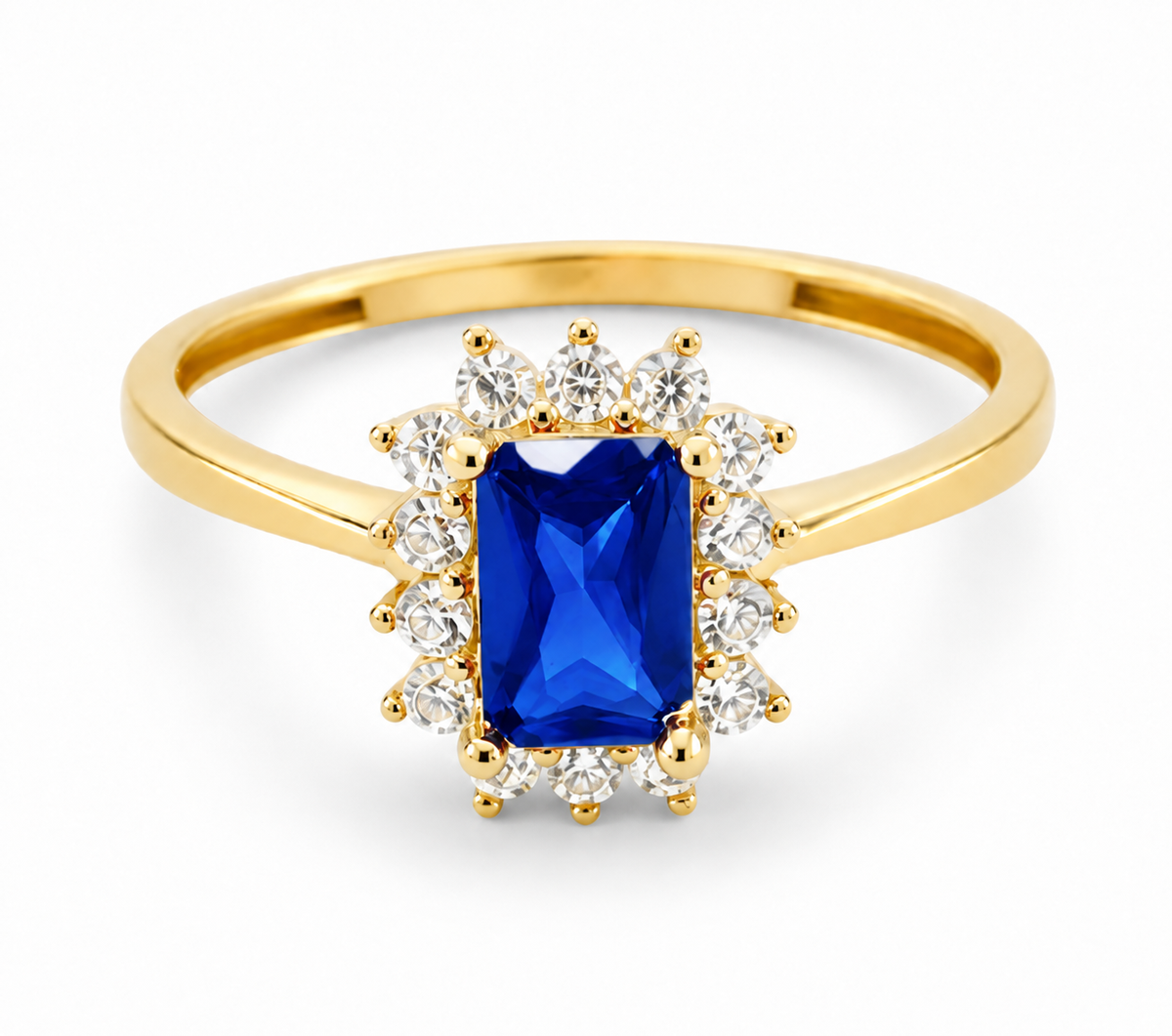 14KT Gold Ring Women's Flower Rectangle Navy Blue Center Stone with White CZ Stones Petals Border and Plain Band