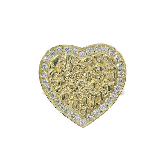 14KT Gold Ring Women's Nugget Flat Heart Center with White CZ Stone Border and Plain Split Band