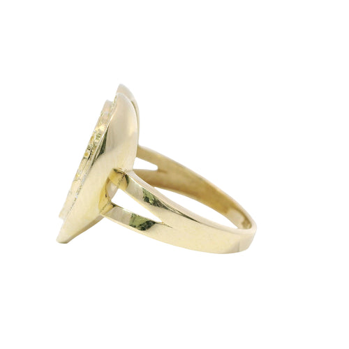 14KT Gold Ring Women's Nugget Flat Heart Center with White CZ Stone Border and Plain Split Band