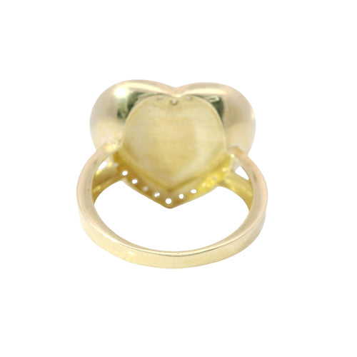 14KT Gold Ring Women's Nugget Flat Heart Center with White CZ Stone Border and Plain Split Band