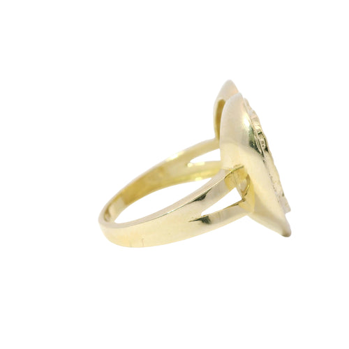 14KT Gold Ring Women's Nugget Flat Heart Center with White CZ Stone Border and Plain Split Band