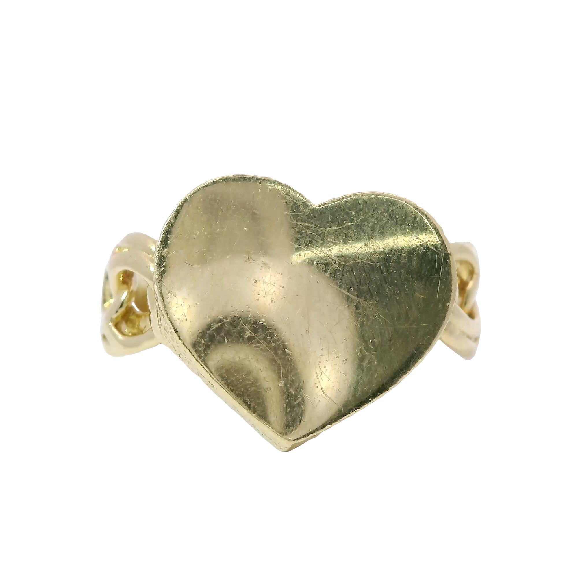 14KT Gold Ring Women's Plain Engravable Heart Center with Sandblasted Edge and Chino Link Band