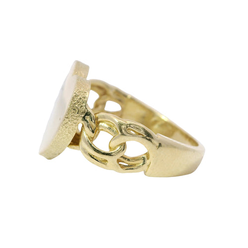 14KT Gold Ring Women's Plain Engravable Heart Center with Sandblasted Edge and Chino Link Band