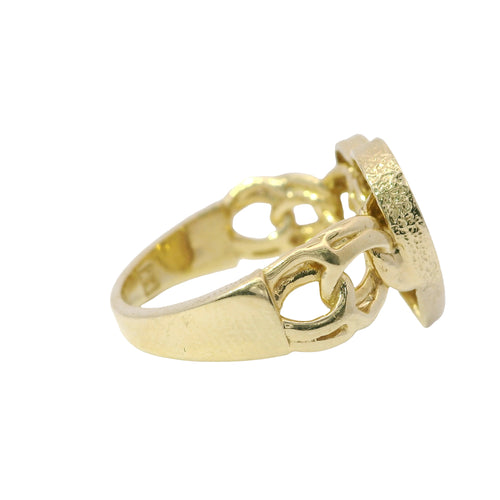 14KT Gold Ring Women's Plain Engravable Heart Center with Sandblasted Edge and Chino Link Band