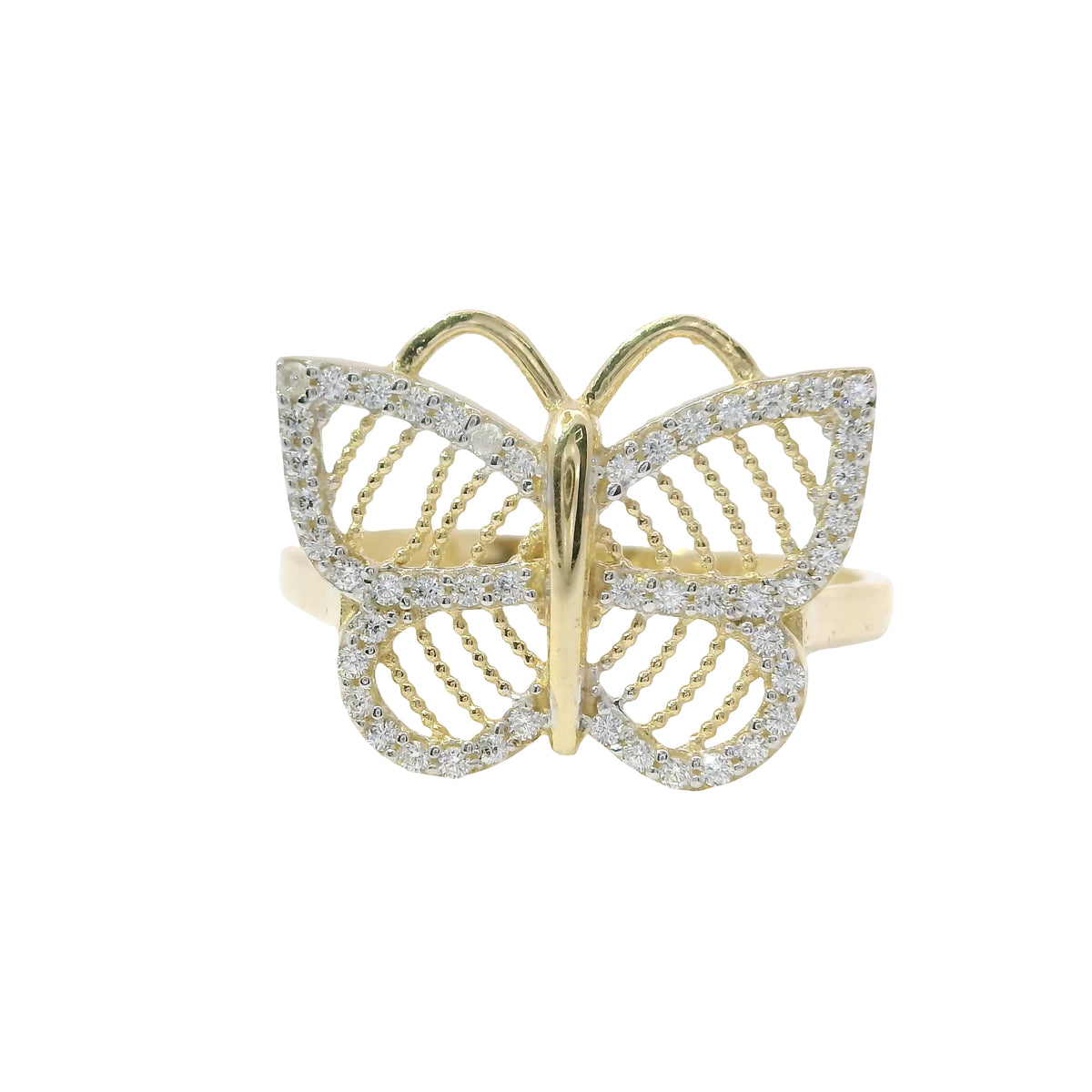 14KT Gold Ring Women's Open Stripe Butterfly with White CZ Stones Border and Plain Band