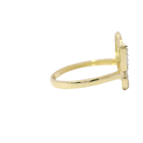 14KT Gold Ring Women's Open Stripe Butterfly with White CZ Stones Border and Plain Band