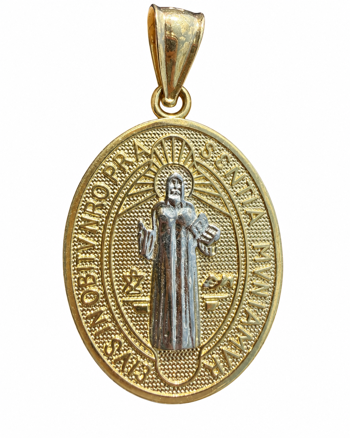 14KT Gold Charm Extra Large Two Tone Oval St Benedict Coin with Plain Bell