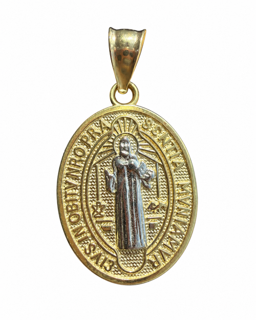 14KT Gold Charm Extra Small Two Tone Oval St Benedict Coin with Plain Bell