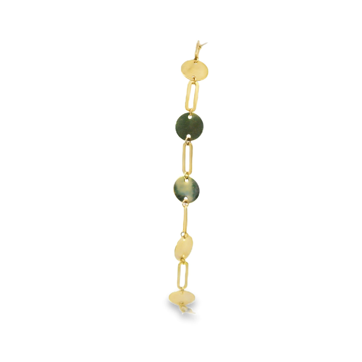 14KT Gold Bracelet Women's Alternating Paperclip Link and Plain Round Discs with White CZ Stone End Lobster Clasp