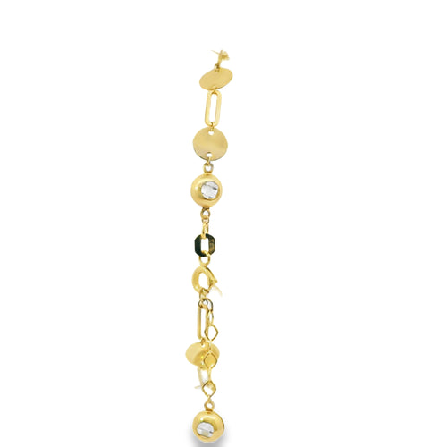 14KT Gold Bracelet Women's Alternating Paperclip Link and Plain Round Discs with White CZ Stone End Lobster Clasp