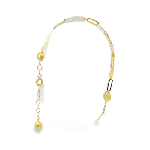 14KT Gold Bracelet Women's Alternating Paperclip Link and Plain Round Discs with White CZ Stone End Lobster Clasp