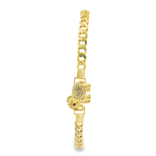 14KT Gold Bracelet Women's Single Charm Dark Pink Eyed Elephant with White CZ Stones Blanket and White CZ Stone End Cuban Link Lobster Clasp Band