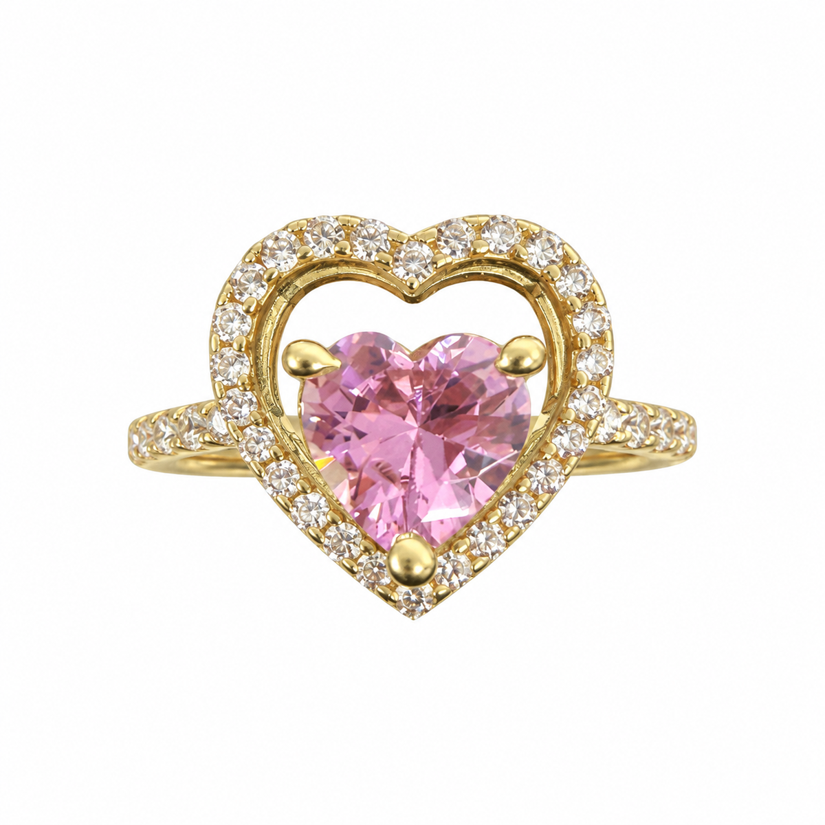 14KT Gold Ring Women's Pink Heart CZ Stone Center with Round White CZ Stones Outline Heart Border and White CZ Stones Band