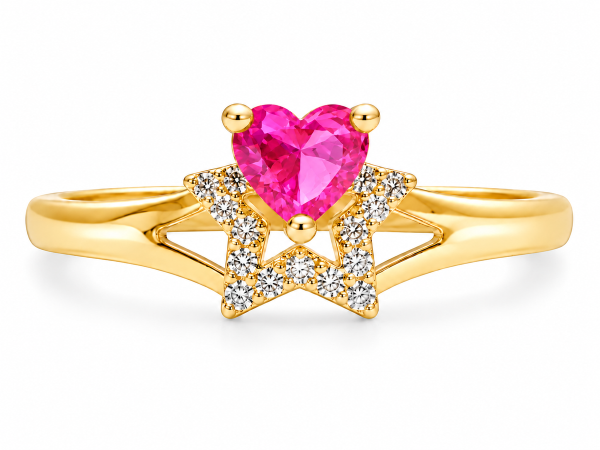 14KT Gold Ring Women's Dark Pink CZ Stone Heart Top Stone with White CZ Stones Border Outline Only Star Shape Plain Split Band
