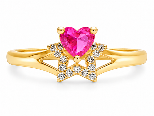 14KT Gold Ring Women's Dark Pink CZ Stone Heart Top Stone with White CZ Stones Border Outline Only Star Shape Plain Split Band