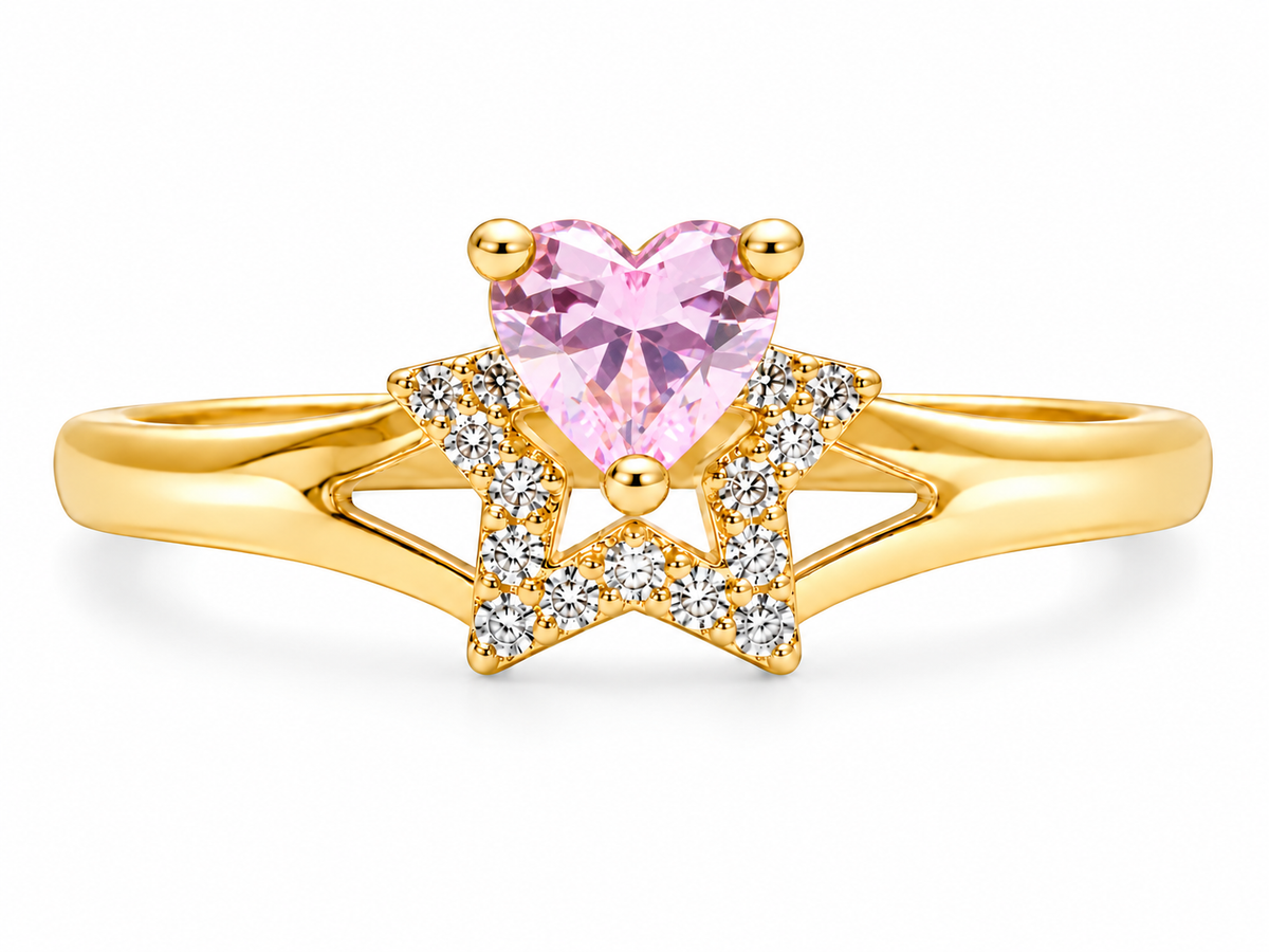 14KT Gold Ring Women's Pink CZ Stone Heart Top Stone with White CZ Stones Border Outline Only Star Shape Plain Split Band