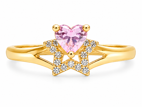 14KT Gold Ring Women's Pink CZ Stone Heart Top Stone with White CZ Stones Border Outline Only Star Shape Plain Split Band
