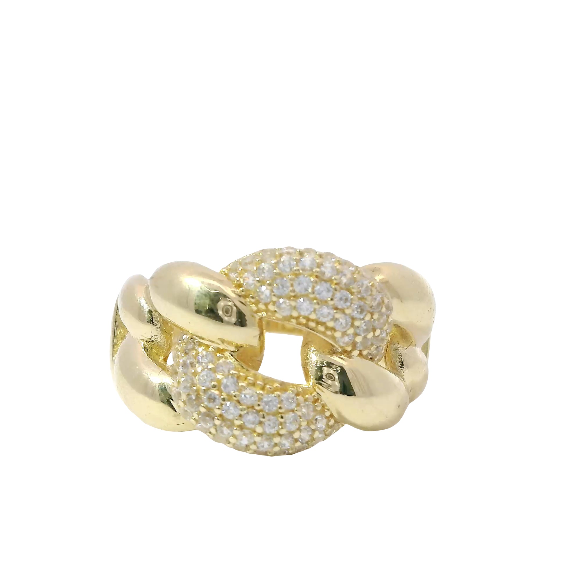 14KT Gold Ring Women's Plain Puff Cuban Band with One White CZ Stone Link in Center and Plain Band
