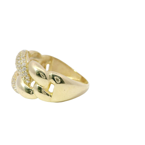 14KT Gold Ring Women's Plain Puff Cuban Band with One White CZ Stone Link in Center and Plain Band