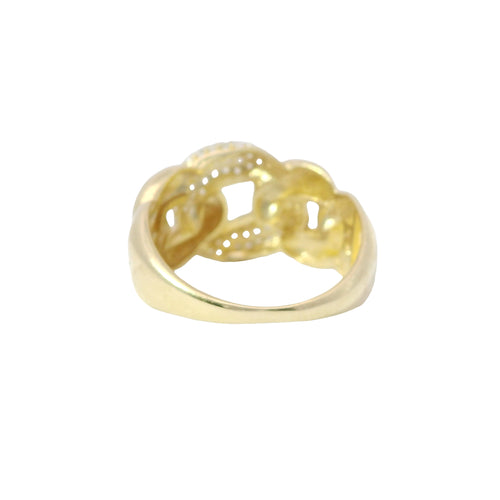 14KT Gold Ring Women's Plain Puff Cuban Band with One White CZ Stone Link in Center and Plain Band
