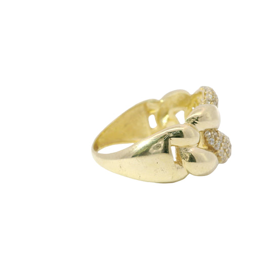 14KT Gold Ring Women's Plain Puff Cuban Band with One White CZ Stone Link in Center and Plain Band
