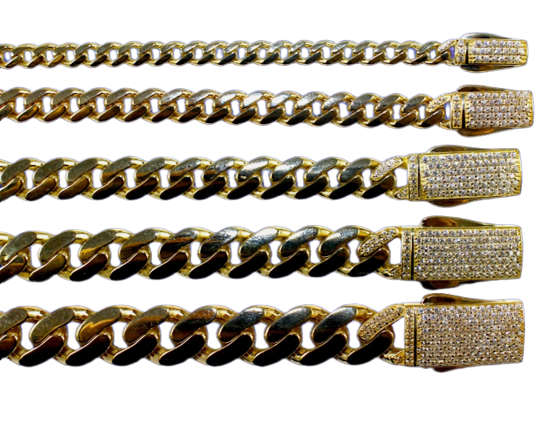 14KT Gold Chain Hollow Crown Miami Link with Plain White CZ Stones Designer Clasp 6mm