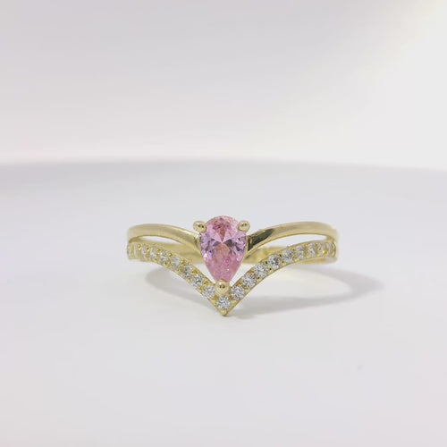 14KT Women's Gold Ring Pink Pear Center CZ Stone with Spit Chevron Upper White CZ Stone Band and Lower Plain Band