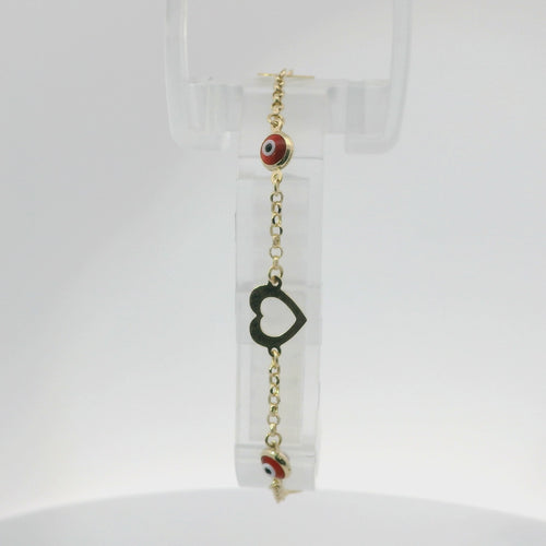 14KT Gold Bracelet Women's Three Charm Open Heart Center with Cable Link Band and with Two Red Evil Eyes links, White CZ Stone Ends, and Lobster Clasp