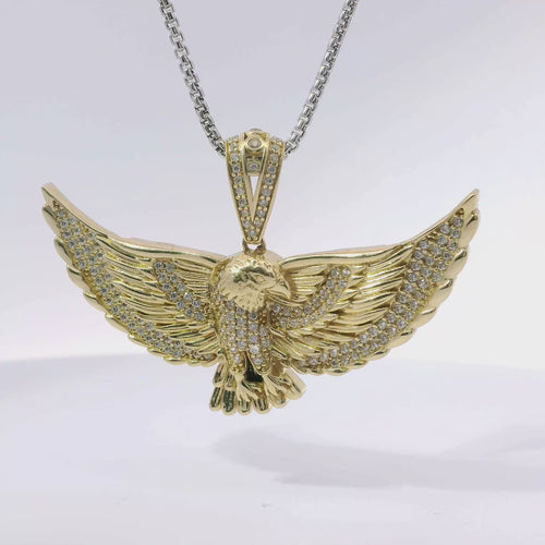 14KT Gold Charm Large 3D Spread Wing Eagle with White CZ Stones Wings and Bell