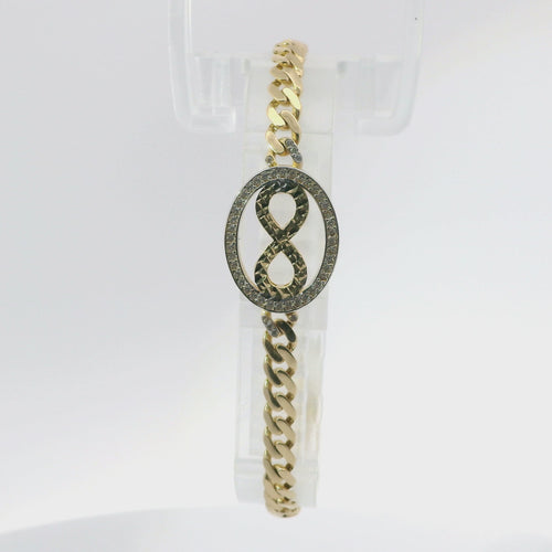 14KT Gold Bracelet Women's Single Charm Diamond Cut Infinity Loop with Oval White Gold CZ Stones Border and White CZ Stone End Cuban Link Lobster Clasp Band