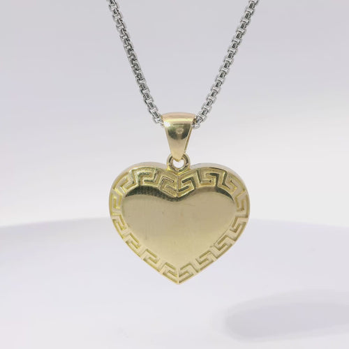 14KT Gold Charm Large Engravable Greek Border Heart with Plain Bell
