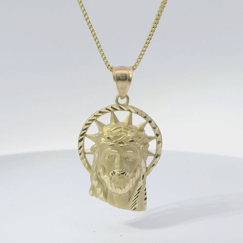 14KT Gold Charm Medium Diamond Cut Slant Bottom Open Liberty Halo Jesus Head Front Portrait with Plain Bell