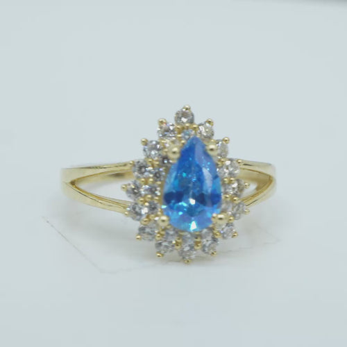 14KT Gold Ring Women's Pear Turquoise CZ Center with Round Double White CZ Stones Border and Plain Split Band