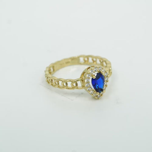 14KT Gold Ring Women's Pear Navy Blue Center Stone with White CZ Stone Border Chino Band