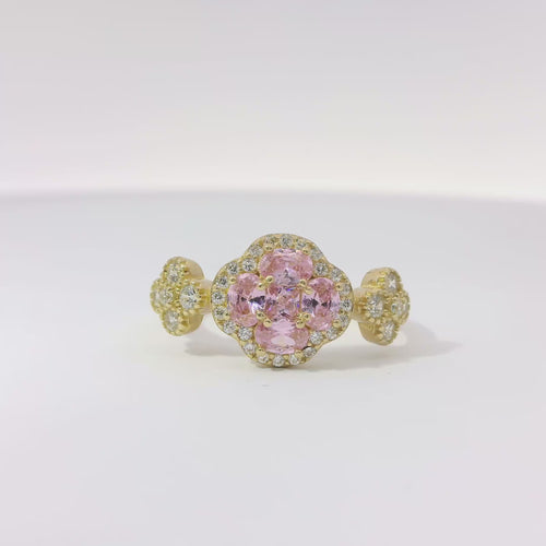 14KT Gold Ring Women's Jumbo Flower Pink Square CZ Stone Center Four Pink CZ Stone Oval Petals with Two White CZ Stone Side Flowers and Borders with Plain Band