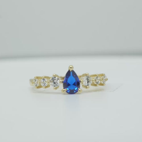 14KT Gold Ring Women's Navy Blue Pear CZ Center 3 Round White CZ Stones Shoulders Plain Band