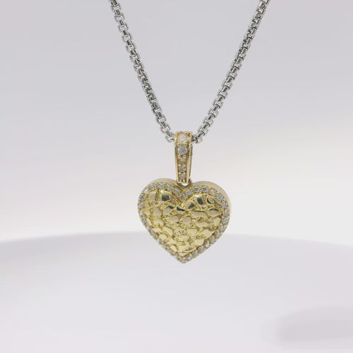 14KT Gold Charm Medium Nugget Heart Center with White CZ Stones Border and Bell