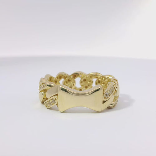 14KT Gold Ring Women's Medium Alternating White CZ Stones Cuban Link and Plain Cuban Link Band