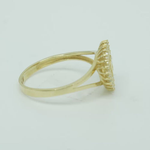14KT Gold Ring Women's "15" Quinceanera Heart Center Double Row of Round White CZ Stones Border and Plain Shank