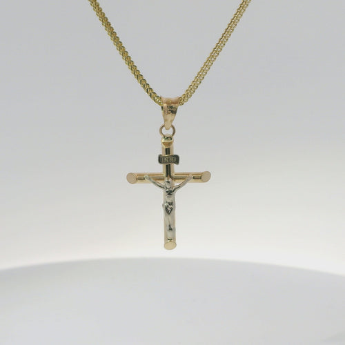 14KT Gold Charm Small Two Tone Hollow Tube Slant Ends Crucifix Cross with Plain Bell