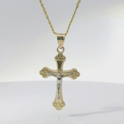 14KT Gold Charm Medium Two Tone Swirl Center Club Ends Crucifix Cross with Plain Bell