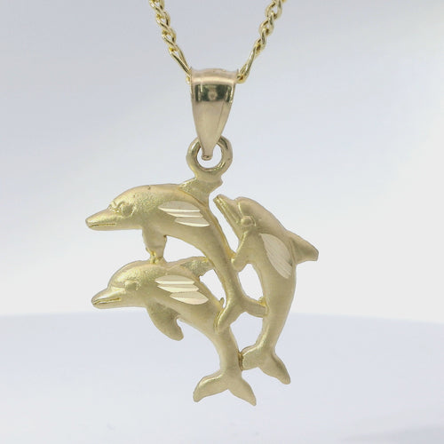14KT Gold Charm Three Medium Diamond Cut Jumping Dolphins with Plain Bell